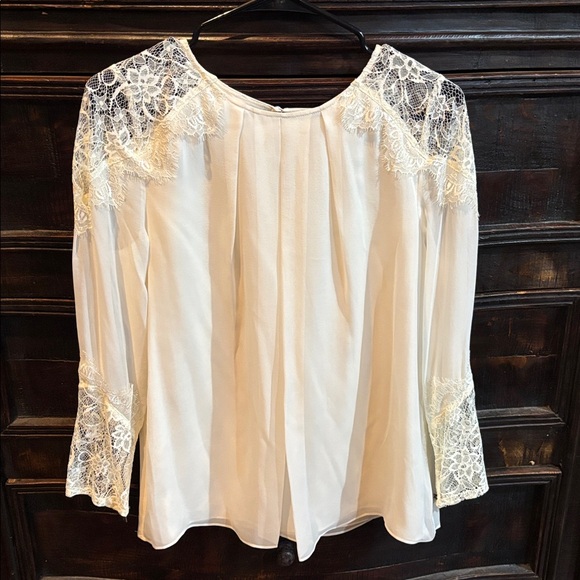 Alice + Olivia Tops - Alice + Olivia Cream Ivory Lace Detail Silk Long Sleeve Blouse NWT